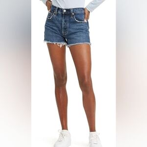 Levi 501 Blue Denim Womens Shorts Button Fly Raw Hem 27" W 13" L EUC